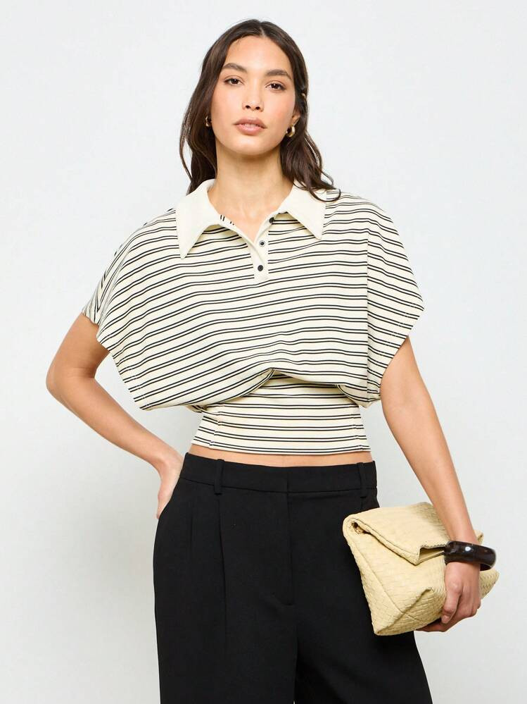 AiiRZ Striped Polo Fitted Crop Top Casual Preppy Style Summer Tennis Short Sleeve Collared Knit Shirt Weekend Leisure Wear | SHEIN