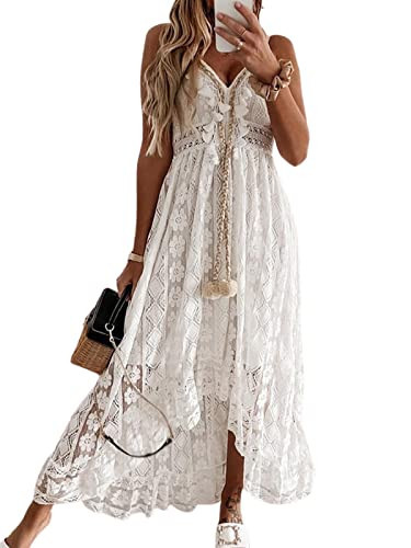 CUPSHE Women's Summer Dresses Sleeveless Lace Casual Tassel Beach Spaghetti Straps Plus Size Maxi Sun Dress White, XXL | Amazon (US)