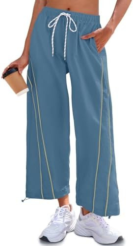 Fisoew Womens Baggy Wide Leg Pants Casual Elastic Waist Drawstring Hiking Workout Cropped Track P... | Amazon (US)