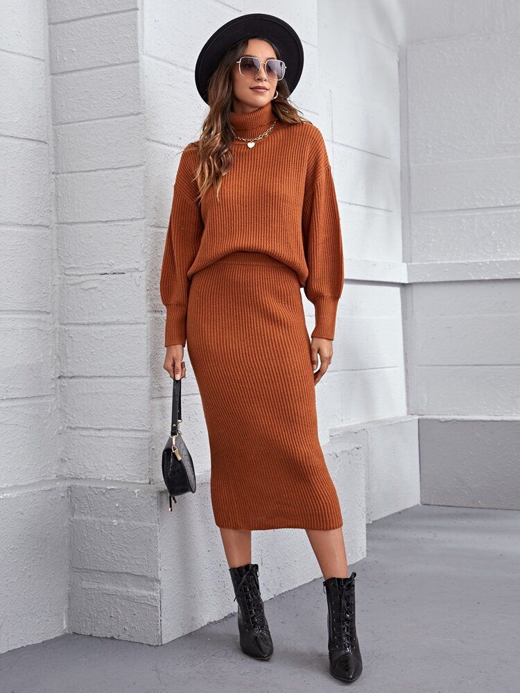 Drop Shoulder Rib-knit Sweater & Skirt Set | SHEIN