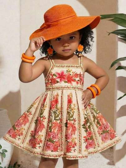 SHEIN Baby Girl Ditsy Floral Woven Spaghetti Strap Dress Tropical Baby Dress Apricot Toddler Dres... | SHEIN