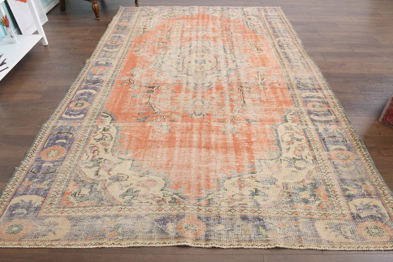 6'6x10'1 Ft, CORAL ORANGE TURKISH Rug, Vintage Rug, Minimalist Area Rug, Oushak Rug, Living Room ... | Etsy (US)