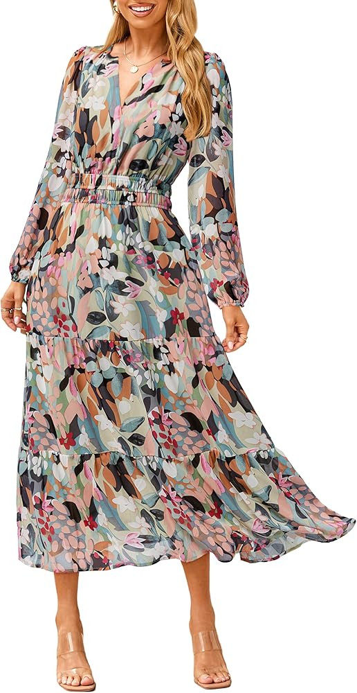 Simplee Women's Floral Boho Long Sleeve Maxi Dress V Neck Empire Waist Swing Flowy Wedding Guest ... | Amazon (US)