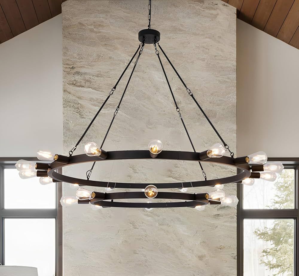 Wellmet 2-Tier Large Black Wagon Wheel Chandelier, 56'' Farmhouse Round Chandelier, 24-Light Blac... | Amazon (US)