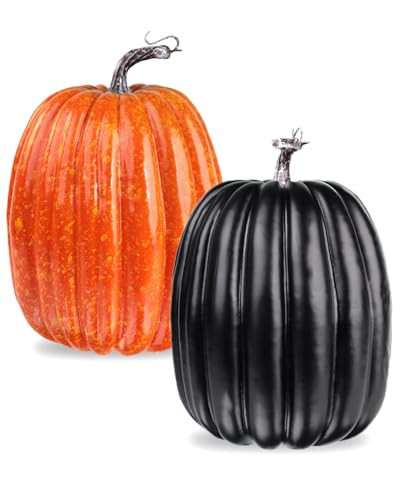 vensovo 2PCS 8 Inch Plastic Pumpkins for Decorating - Black & Orange Large Artificial Foam Pumpkins for Fall Decor, Halloween, Thanksgiving, Paintable for DIY Crafts & Centerpieces | Amazon (US)