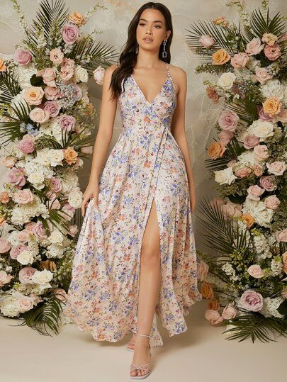 SHEIN Floral Print Split Thigh Cami Dress | SHEIN