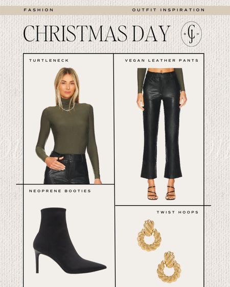 Cella Jane outfit inspiration for Christmas Day. Green turtleneck, vegan leather pants, neoprene booties, twist gold earrings. Holiday outfit. 

#LTKSeasonal #LTKstyletip #LTKHoliday