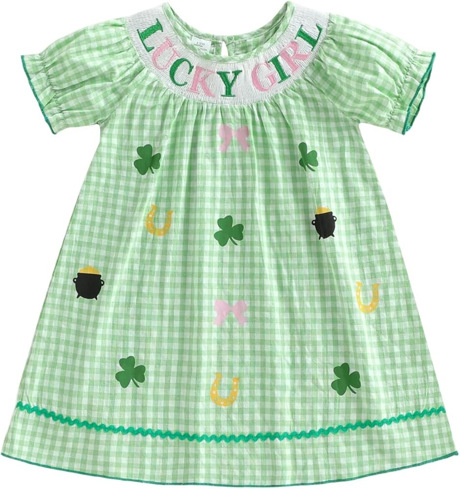 Toddler Little Baby Girl St Patricks Day Outfit Clover Smocked Dress Puff Short Sleeve Plaid Dres... | Amazon (US)