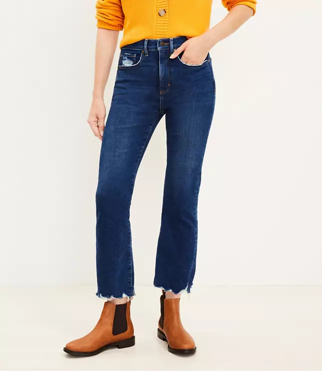 Chewed Hem High Rise Kick Crop Jeans in Destructed Mid Wash | LOFT