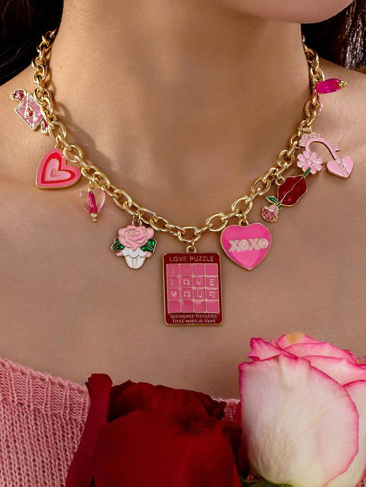 1pc Pink Heart Love Puzzle & Red Rose Love Charm Necklace, Handmade XOXO Red Lips Hearts Charms N... | SHEIN