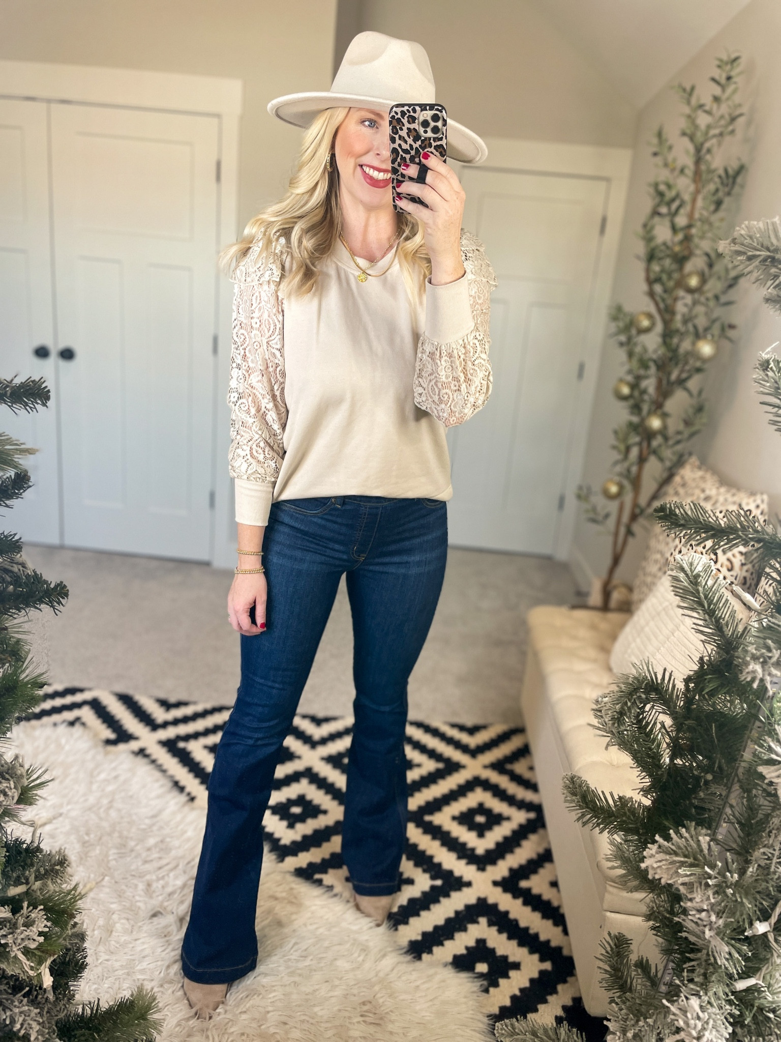 Daily try on, Walmart outfit, Walmart fashion, flare jeans, Spanx jeans, lace sleeve sweater 

#LTKsalealert #LTKunder50 #LTKstyletip