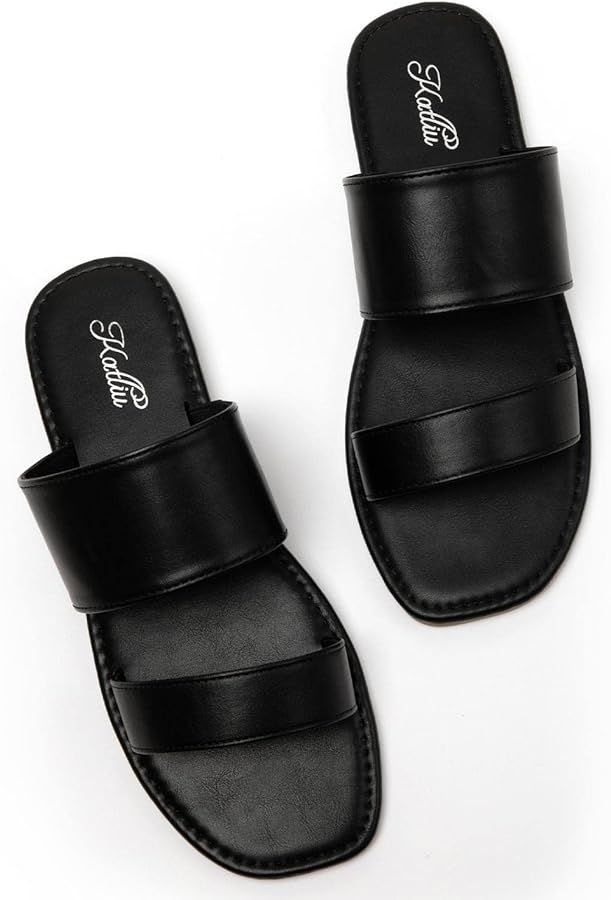 katliu Women's Flat Sandals Two Strap Slide Sandals Open Toe | Amazon (US)