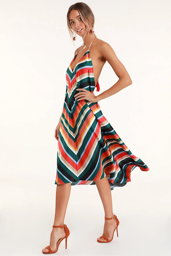Malia Emerald Green Multi Striped Midi Dress | Lulus (US)