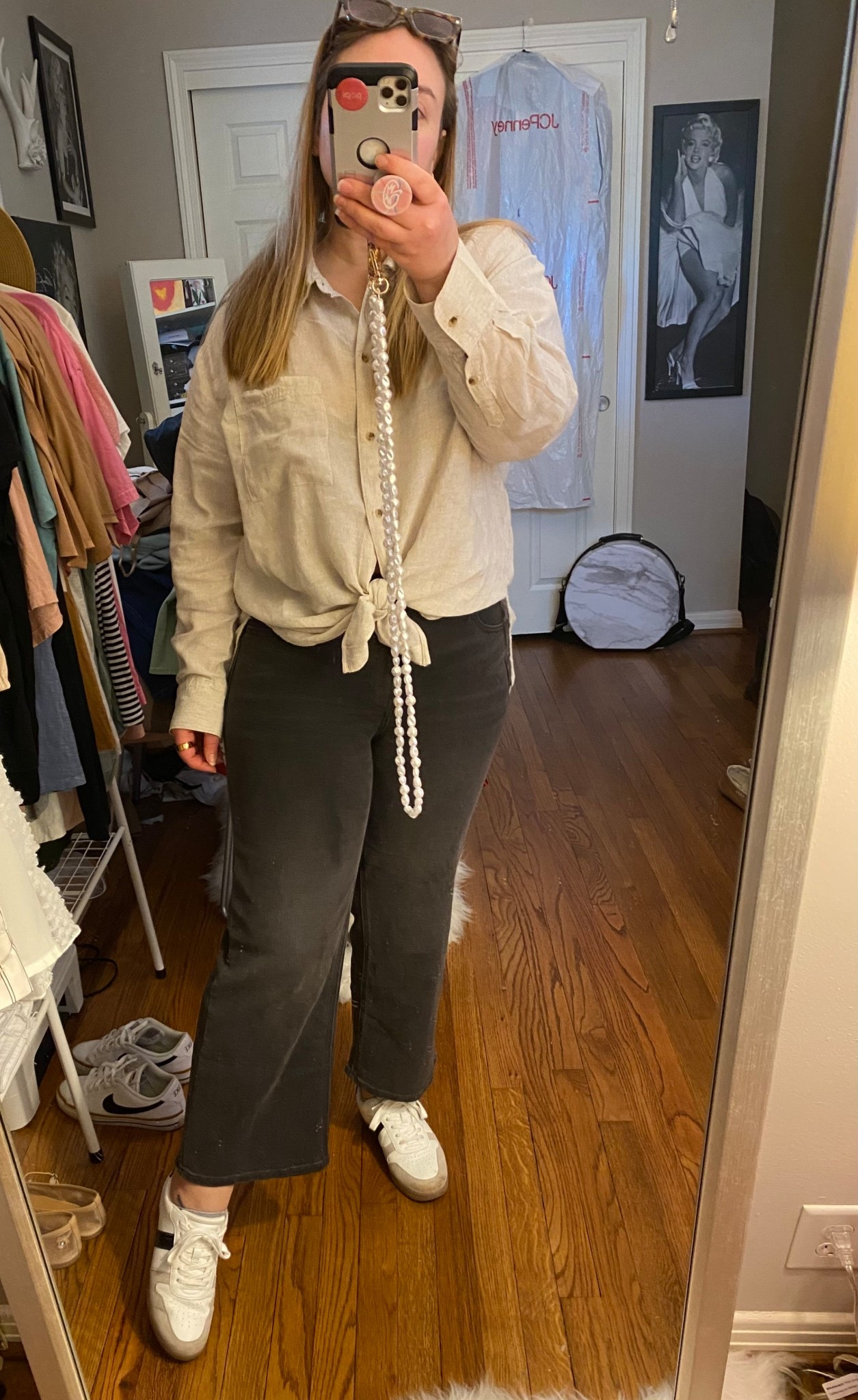 Linen shirt, button down top, black jeans, wide leg jeans, old navy jeans, sneakers, black and white sneakers, neutral outfit

#LTKShoeCrush #LTKMidsize #LTKFindsUnder50