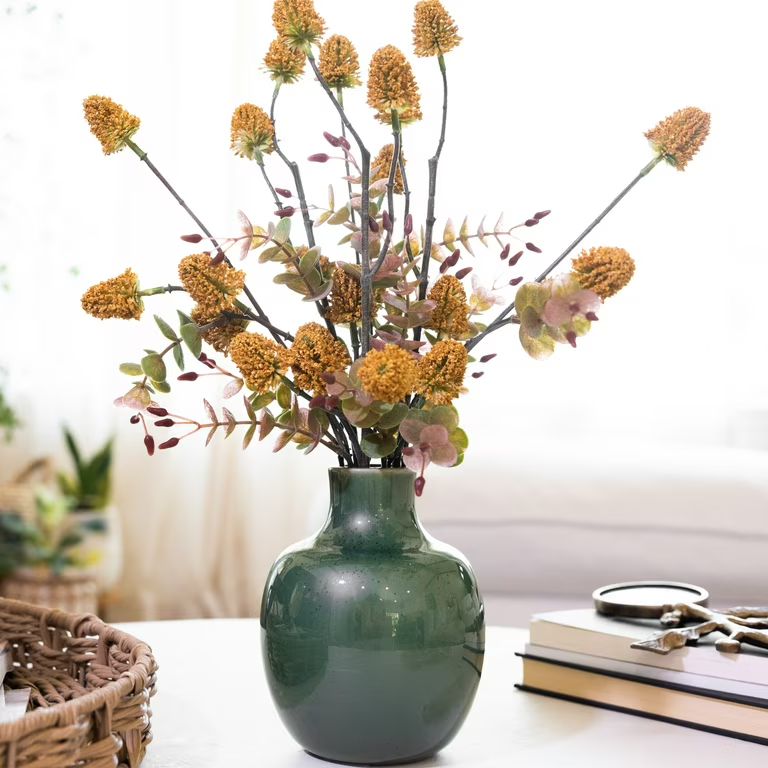 Flora Bunda 17" Artificial Thistle and Fall Leaf Arrangement in Green Ceramic Vase | Walmart (US)