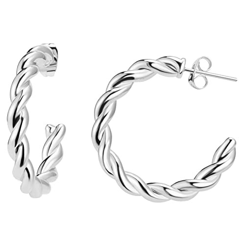 Thick Silver Hoop Earrings for Women, 18K Real White Gold Plated 925 Sterling Silver Post Small Chunky Twisted Hoops Earrings, Hypoallergenic Statement Tube Design Earring Gift for Women 30mm | Amazon (US)
