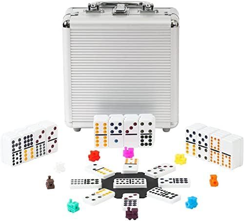 Double 12 Coloured Dot Dominoes Mexican Train Game Set with Aluminum Case, 91 Tiles 9 Trains, Sco... | Amazon (US)