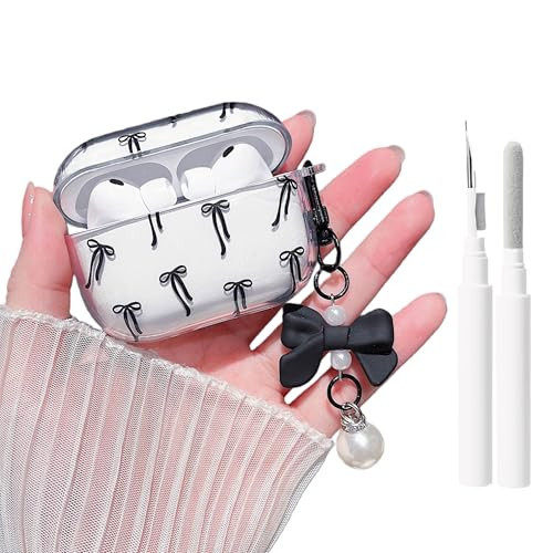 MINSCOSE Compatible with AirPods Pro 3rd Generation (2025) with Cleaner Kit,Cute Ribbon Bow Pretty Aesthetic Design with Bow Keychain,Soft TPU Protective Shockproof Case for AirPods Pro 3-Black | Amazon (US)