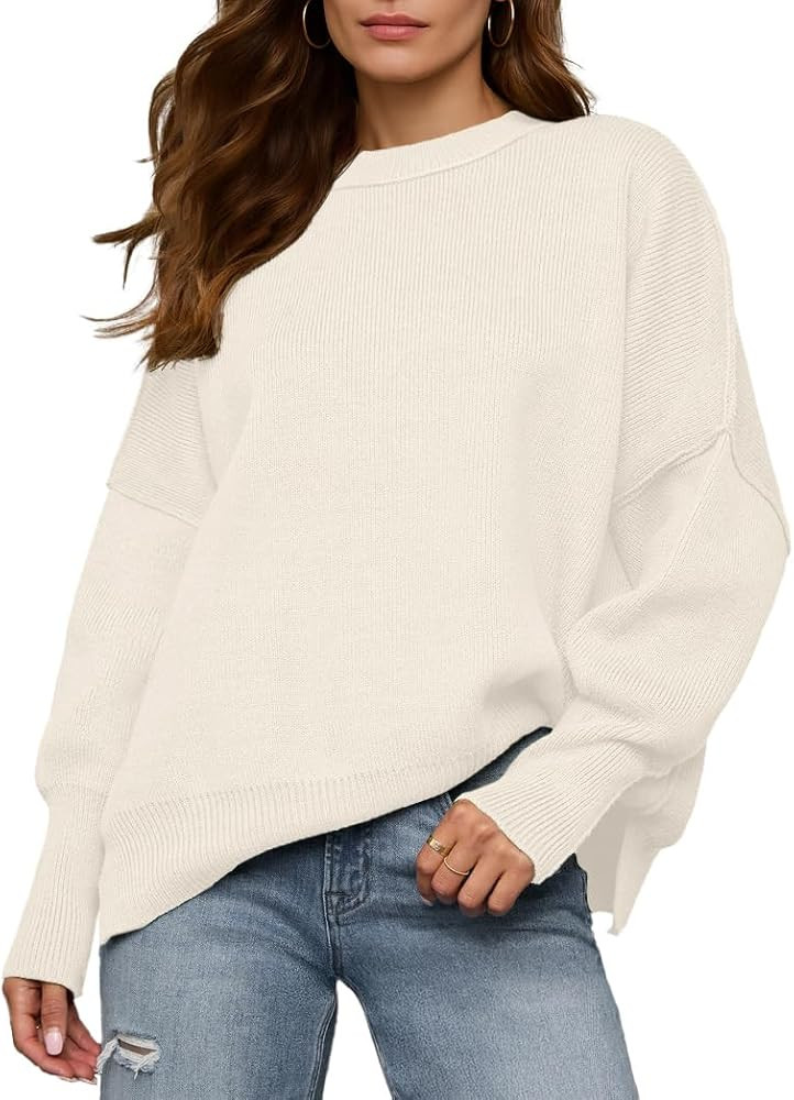 Womens Crewneck Batwing Long Sleeve Sweaters Fall 2025 Oversized Side Slit Ribbed Knit Sweaters P... | Amazon (US)