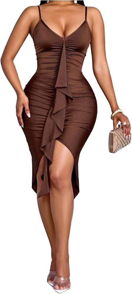 Floerns Women's V Neck Midi Dress Spaghetti Strap Ruffle Trim Slit Hem Cocktail Party Bodycon Dre... | Amazon (US)