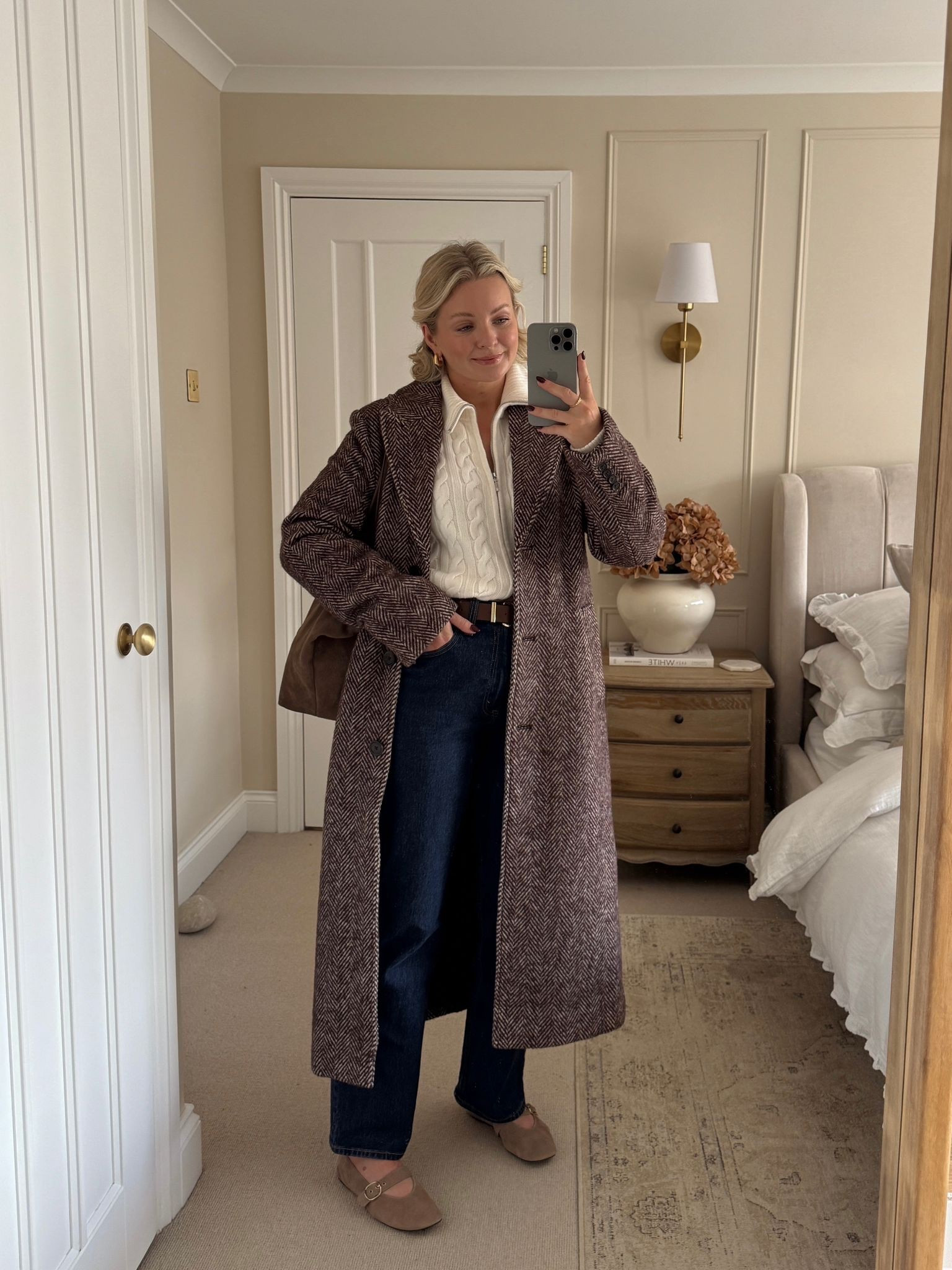Abercrombie & fitch cream cable knit zip up cardigan (size small) & curve love straight leg jeans (size 27), brown herringbone wool long coat (size small tall), beige suede ballet flats & brown suede tote bag, brown belt 

30% off everything at @abercrombie AND code AFLAURA for additional 15% off from 24th Nov - 1st Dec! 

#LTKstyletip #LTKuk #LTKautumn