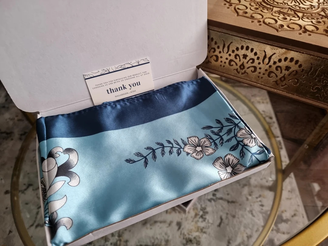 SALE Baby Blue Teal White Floral Scarf Satin Silk Wrap Band Gift for Her - Etsy UK | Etsy (UK)
