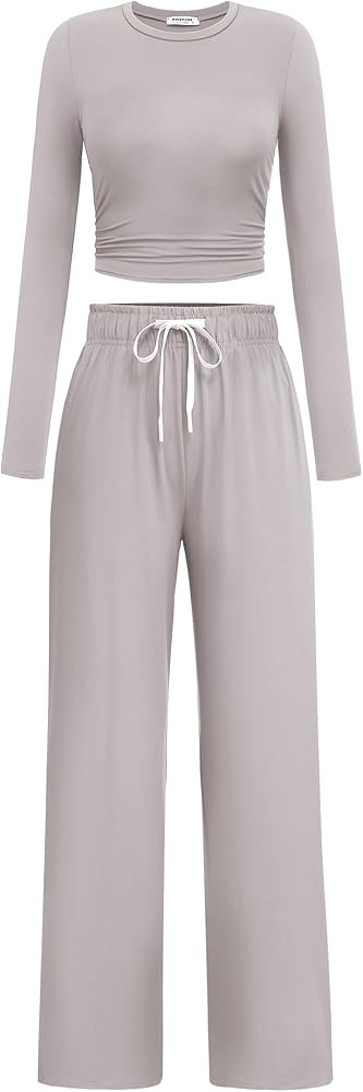 PINSPARK Women 2 Piece Lounge Set Long Sleeve Cropped Top Wide Leg Pants with Pockets 2024 Fall O... | Amazon (US)
