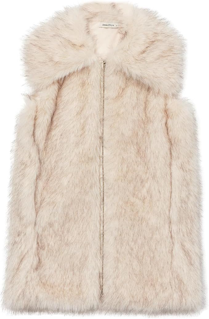 Amazhiyu Women's Faux Fur Zip Up Vest Coats Lapel Sleeveless Jackets with Pocket | Amazon (US)