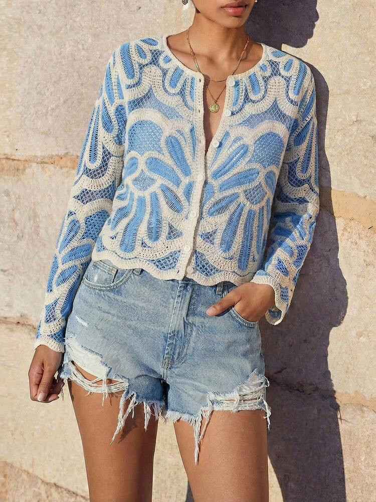 Maija Women's Hollow Out Dual-Tone Single-Breasted Long Sleeve Knitted Cardigan Vacation Beach Outfits Flower Hollow Design Essential For Fashion Enthusiasts Spring Summer | SHEIN