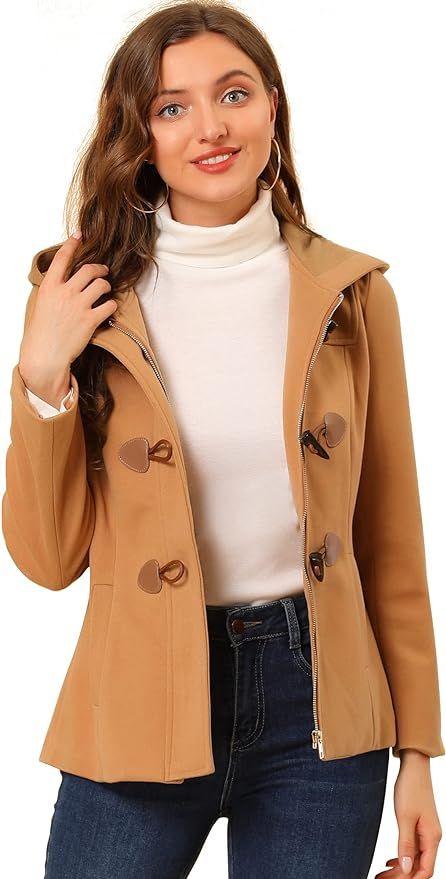 Allegra K Women's Casual Winter Outwear Hooded Button Toggle Pea Coat | Amazon (US)