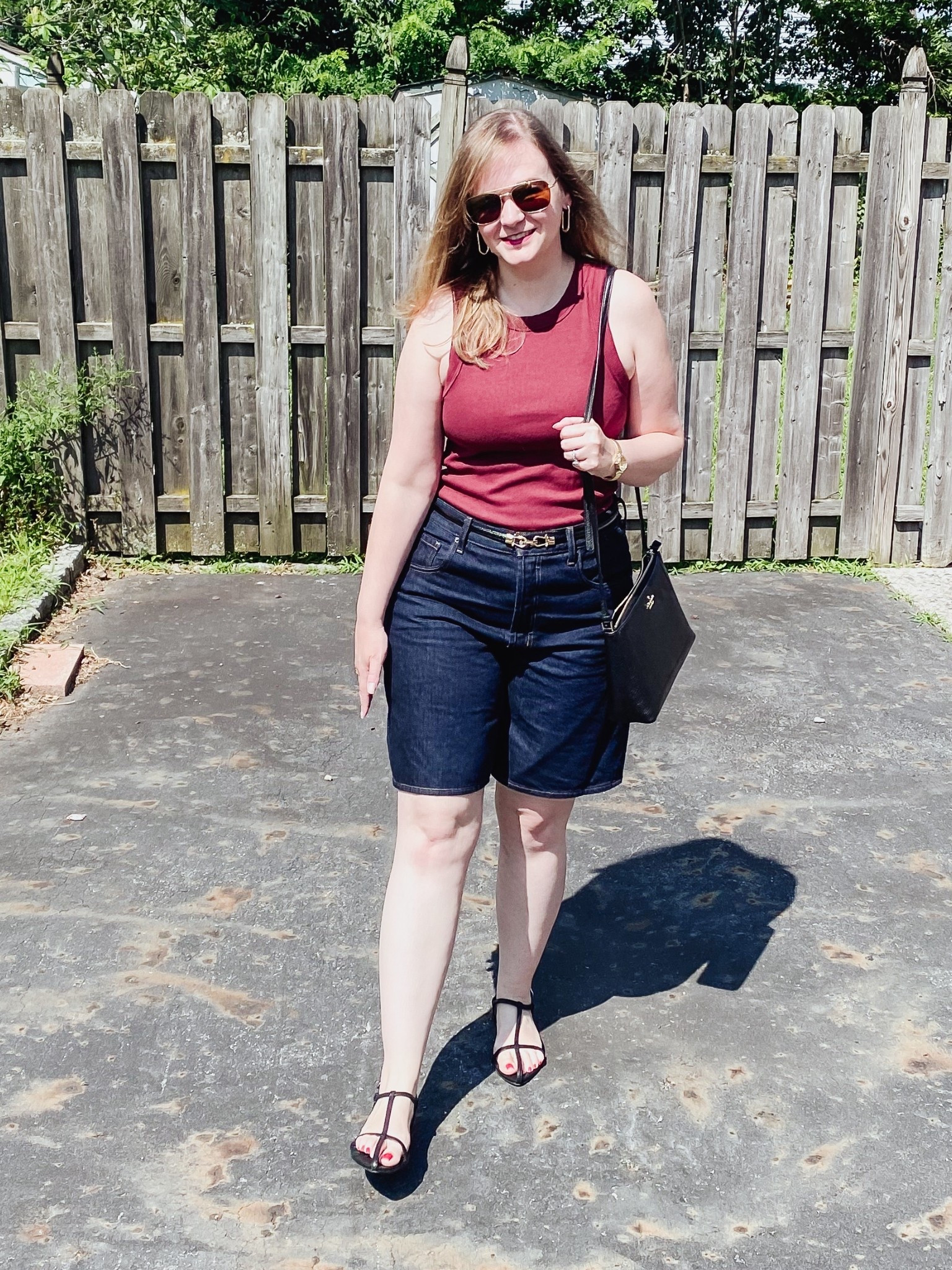 Baggy jean shorts- went down 1 size 
Maroon tank top 
Black strappy sandals 
Square aviator sunglasses 