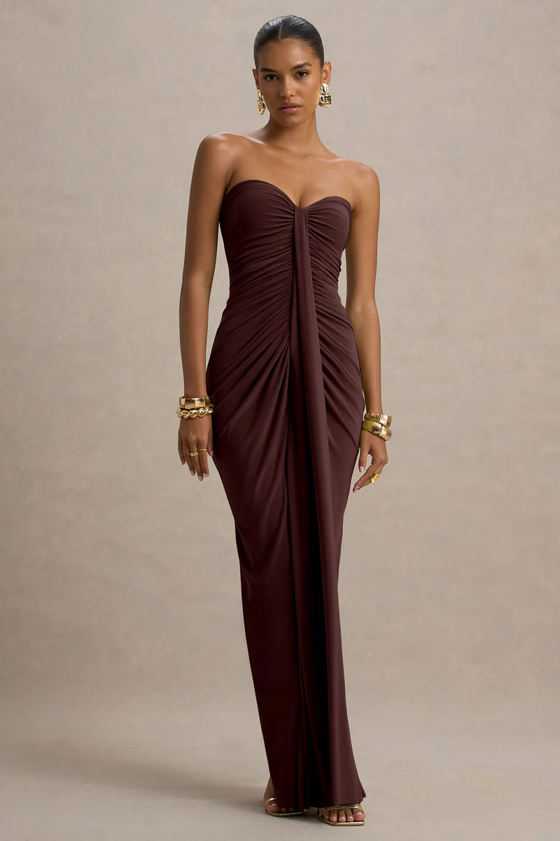 Ali  Warm Brown Sweetheart Ruched Wrap Maxi Dress | Club L London