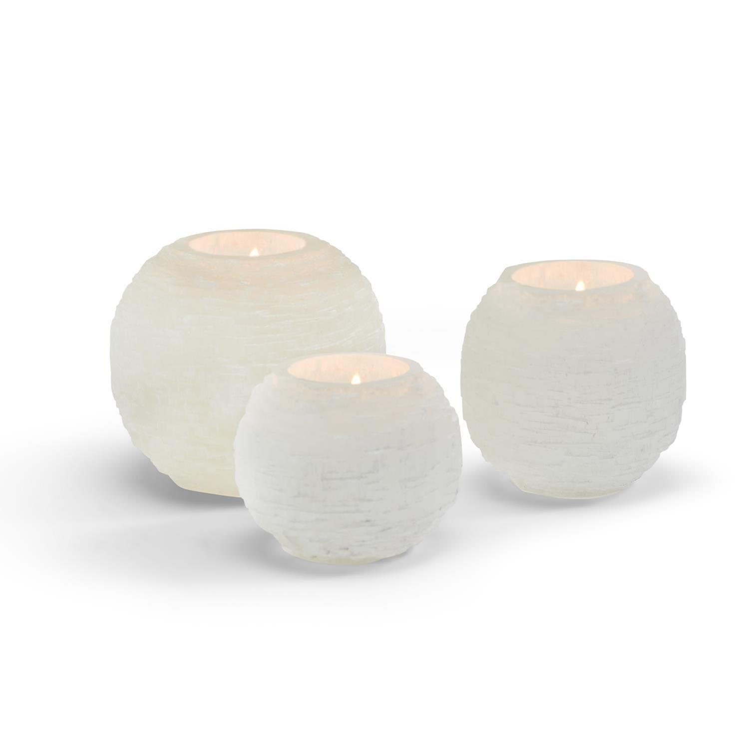 Glaciers Selenite Crystal Sphere Candle Holder, Set of 3 | Burke Decor