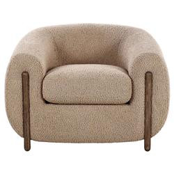 Riley Mid Century Modern Light Brown Upholstered Wood Barrel Chair | Kathy Kuo Home