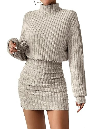 Women's Pullover Sweater Dress Long Lantern Sleeve Turtle Neck Cute Ribbed Knit Bodycon Mini Shor... | Amazon (US)