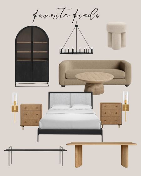 Wayfair favorite finds:
Black bed modern. Natural wood  nightstands. Gold sconces. Light brown sofa. Natural wood coffee table. Black cabinet tall. Black chandelier traditional. White ottoman. Black bench modern. Natural wood dining table.

#LTKsalealert #LTKhome