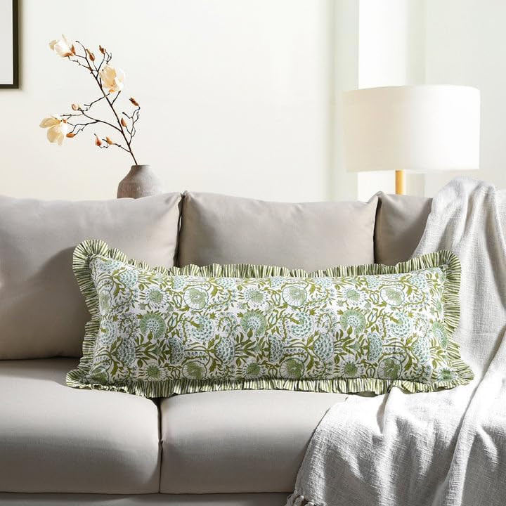 CPC Agate Green 100% Cotton Block Print Ruffle Sham Cover 14x36 inch, Handmade Boho Floral Pillow... | Amazon (US)