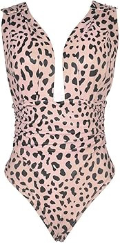 Women One Piece Swimsuits Deep V Neck Leopard Backless Bathing Suits Monokini | Amazon (US)