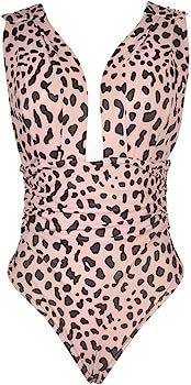 Women One Piece Swimsuits Deep V Neck Leopard Backless Bathing Suits Monokini | Amazon (US)