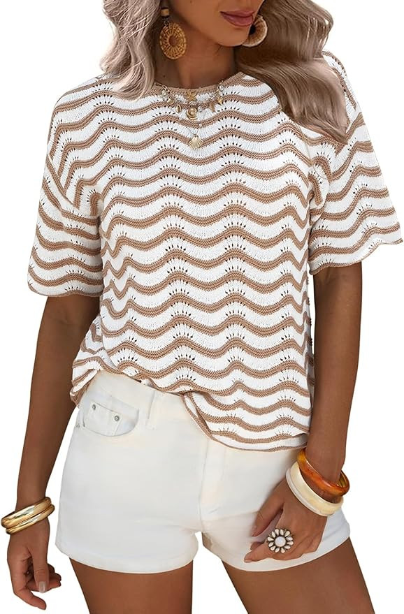 EXLURA Women's Crochet Tops Short Sleeve Knit Beach Sweater Hollow Out Swimsuit Cover Ups Striped... | Amazon (US)