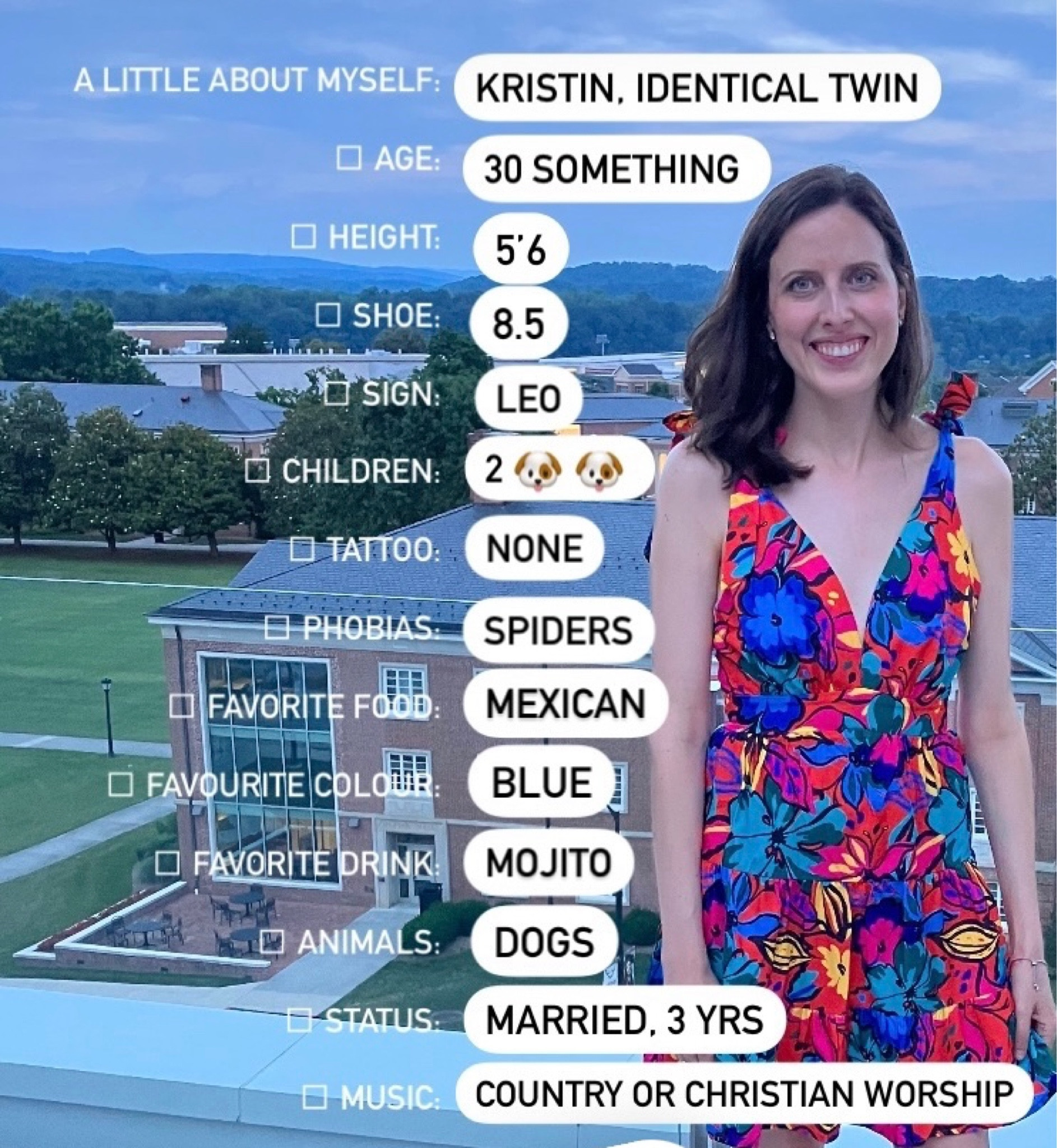 A little bit about me! One of my favorite summer dresses that I wore on our anniversary dinner to a beautiful rooftop restaurant!  Love the bright print and low back!

#LTKfindsunder50 #LTKSeasonal #LTKtravel