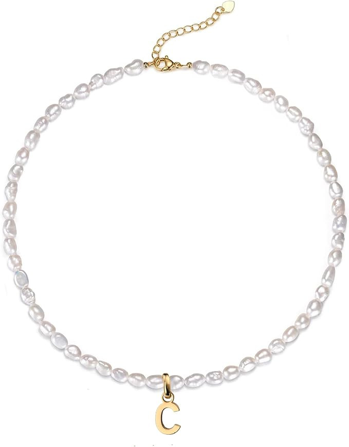 Gold Initial Pearl Necklace for Women, 14K Gold Plated Freshwater Baroque Pearl Choker Necklace D... | Amazon (US)