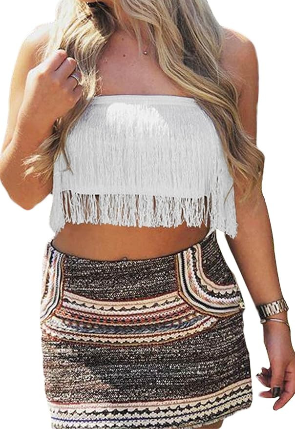 DALLNS Women Corset Cropped Fringe Tank Top Indie Summer Going Out Shirts Stripper Outfits | Amazon (US)