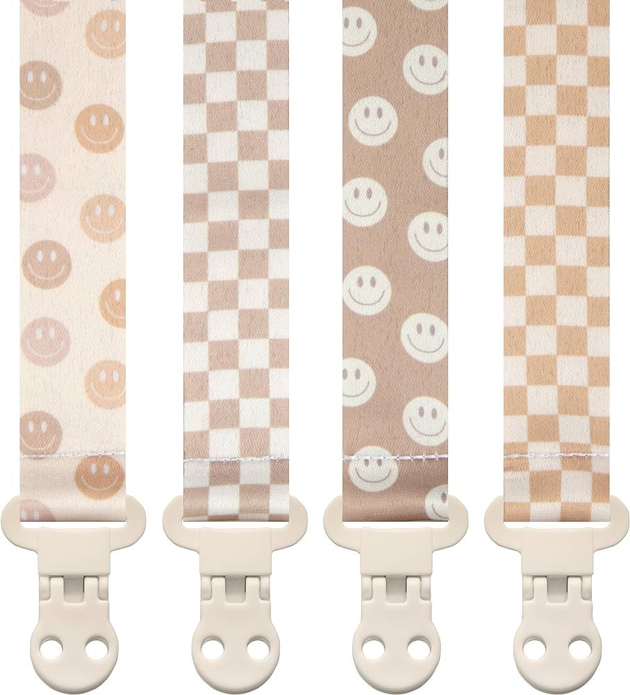 Baby Pacifier Clip Holder - Girl or Boy Unisex 4 Pack Gift Set - Retro Checker and Smiley Faces D... | Amazon (US)