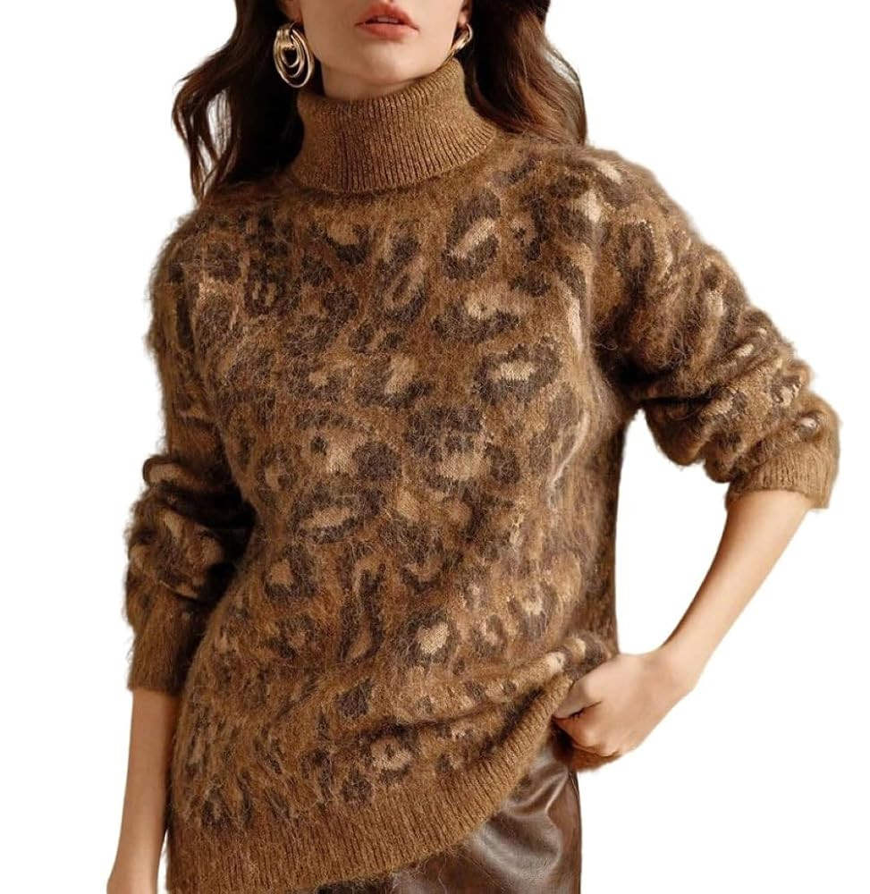 CHARTOU Women Fuzzy Leopard Knit Pullover Sweater Fall Winter Oversized Turtleneck Long Sleeve Ju... | Amazon (US)