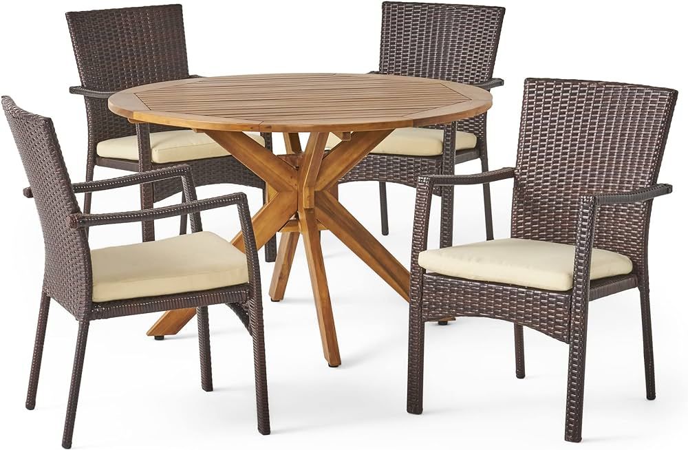 Christopher Knight Home Stamford Outdoor Wicker Dining Set with Acacia Wood Circular Table and Wa... | Amazon (US)