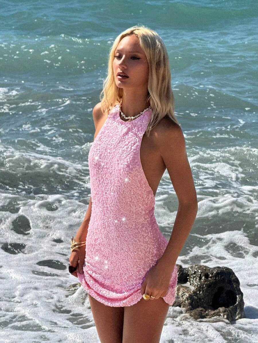 LocalSHEIN ICON Neck Tie Waist Sequin Backless Flared Mini Party Dress, Pink | SHEIN