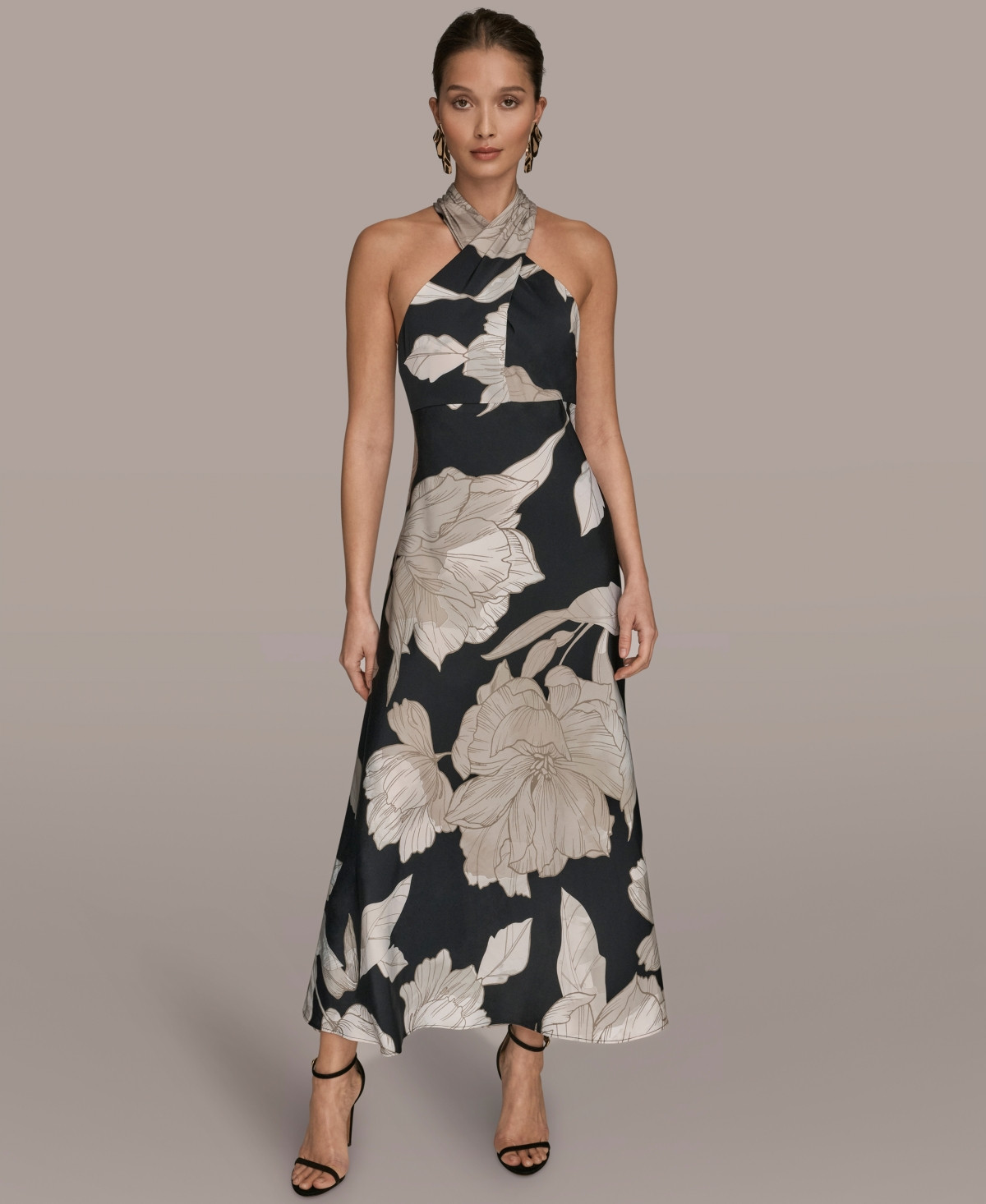 Donna Karan New York Women's Floral Print A-Line Long Dress - Black/Fawn Multi | Macy's