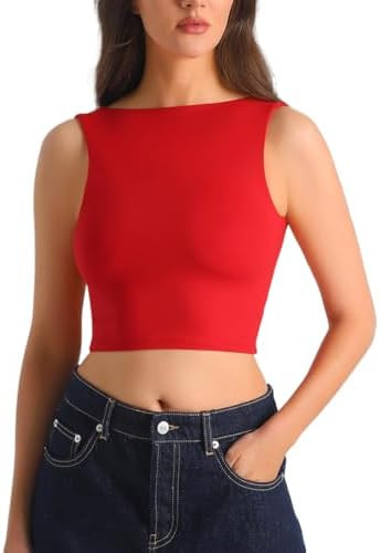 Womens Boat Neck Open Back Crop Top Sleeveless Double-Layer Slim Fit Tank Top Basic T Shirts | Amazon (US)