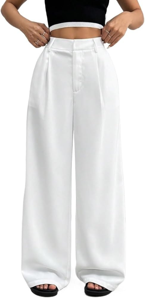 SECOLI Women's 2024 Causal Straight Leg Long Pants Solid Color High Waist Wide Leg Loose Casual T... | Amazon (US)